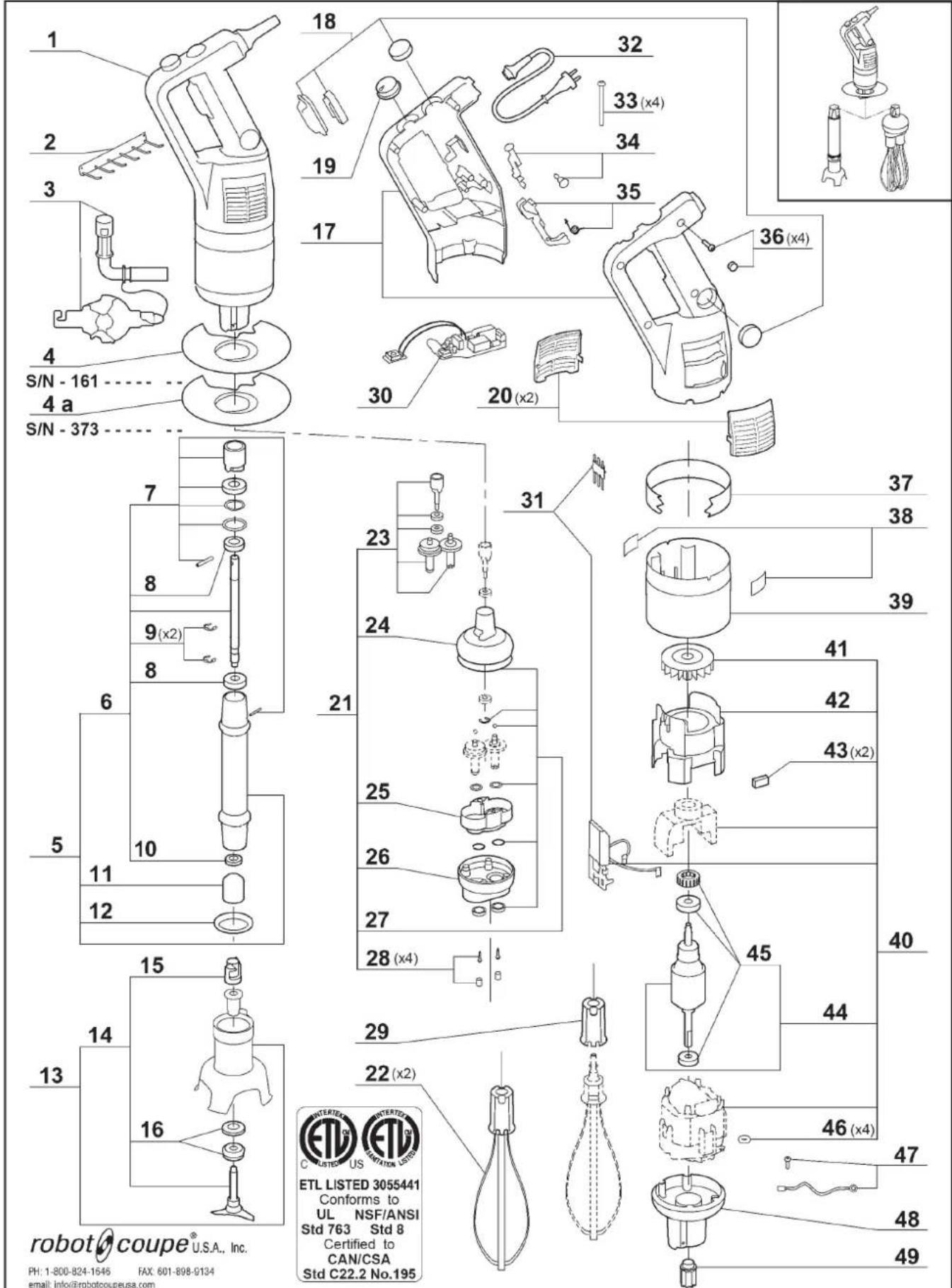 robot coupe® U.S.A., Inc. PH: 1-800-824-1646 FAX: 601-898-9134 email: info@robotcoupe.usa.com S/N - 161 4 a S/N - 373 18 32 19 33 (x4) 34 35 17 36 (x4) 30 20 (x2) 7 31 37 8 23 38 24 39 9 (x2) 21 41 42 43 (x2) 6 25 26 27 40 10 11 12 28 (x4) 45 44 29 22 (x2) 46 (x4) 47 48 49 ETL LISTED 3055441 Conforms to UL NSF/ANSI Std 763 Std 8 Certified to CAN/CSA Std C22.2 No.195