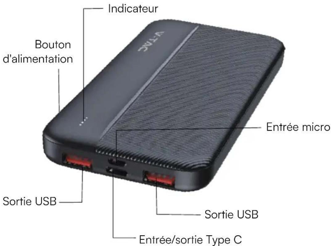 VTA Indicateur Bouton d'alimentation Entrée micro Sortie USB Sortie USB Entrée/sortie Type C