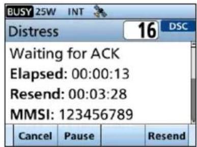 BUSY 25W INT Distress 16 DSC Waiting for ACK Elapsed: 00:00:13 Resend: 00:03:28 MMSI: 123456789 Cancel Pause Resend