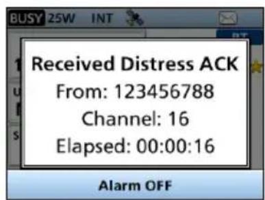 Received Distress ACK From: 123456788 Channel: 16 Elapsed: 00:00:16 Alarm OFF