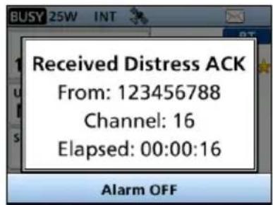 Received Distress ACK From: 123456788 Channel: 16 Elapsed: 00:00:16 Alarm OFF