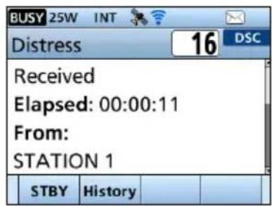 BUSY 25W INT Distress 16 DSC Received Elapsed: 00:00:11 From: STATION 1 STBY History