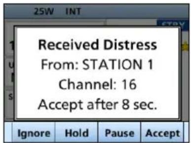Received Distress From: STATION 1 Channel: 16 Accept after 8 sec.