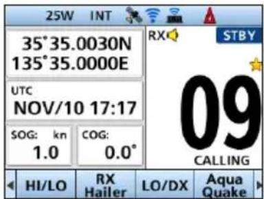 25W INT 35°35.0030N 135°35.0000E UTC NOV/10 17:17 SOG: kn COG: 1.0 0.0° HI/LO RX Hailer LO/DX Aqua QUake STBY 09 CALLING