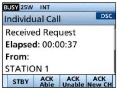 BUSY 25W INT Individual Call DSC Received Request Elapsed: 00:00:37 From: STATION 1 STBY ACK Able ACK Unable ACK New CH