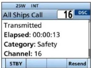 25W INT All Ships Call 16 DSC Transmitted Elapsed: 00:00:13 Category: Safety Channel: 16 STBY Resend