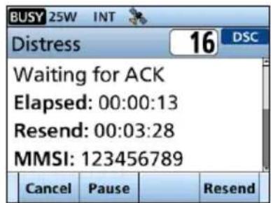 BUSY 25W INT Distress 16 DSC Waiting for ACK Elapsed: 00:00:13 Resend: 00:03:28 MMSI: 123456789 Cancel Pause Resend