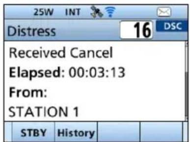 25W INT Distress 16 DSC Received Cancel Elapsed: 00:03:13 From: STATION 1 STBY History