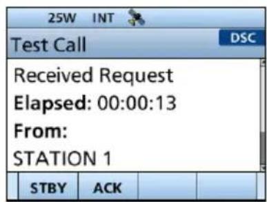 25W INT Test Call DSC Received Request Elapsed: 00:00:13 From: STATION 1 STBY ACK