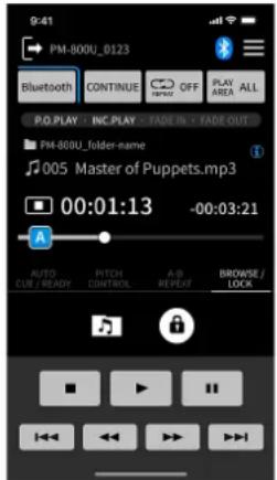 9:41 PM-800U_0123 Bluetooth CONTINUE OFF PLAY AREA ALL P.O.PLAY INC.PLAY FADE IN FADE OUT PM-800U_folder-name 005 Master of Puppets.mp3 00:01:13 -00:03:21 AUTO CUE / READY RITCH CONTROL A-D REPEAT BROWSE / LOCK