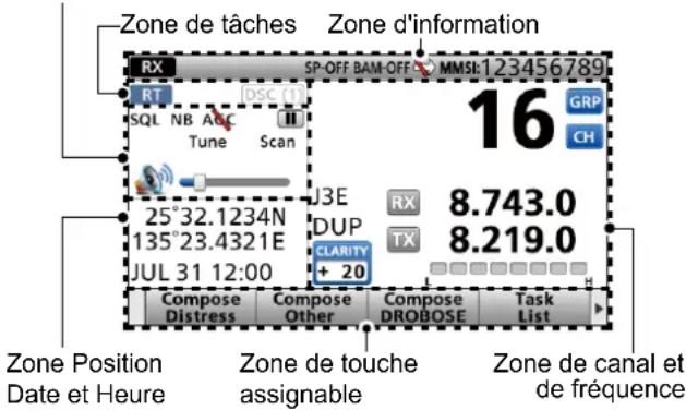 Zone de tâches Zone d'information RX SP-OFF BAM-OFF MMSI:123456789 RT JDSC (1) 16 GRP SQL NB A&C CH Tune Scan 25°32.1234N J3E RX 8.743.0 135°23.4321E DUP TX 8.219.0 JUL 31 12:00 + 20 Compose Distress Compose Other Compose DROBOSE Task List Zone Position Zone de touche Zone de canal et Date et Heure assignable de fréquence