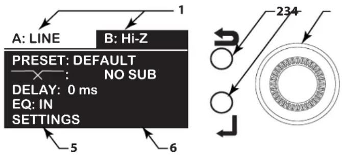 A: LINE B: Hi-Z PRESET: DEFAULT X : NO SUB DELAY: 0 ms EQ: IN SETTINGS 5 6 234
