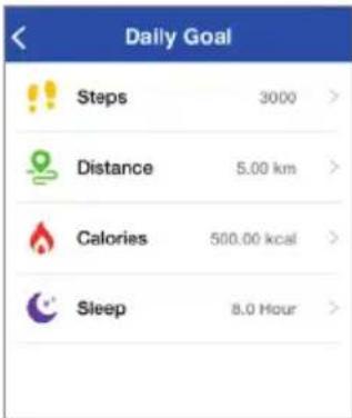 Daily Goal Steps 3000 > Distance 5.00 km > Calories 500.00 kcal > Sleep 8.0 Hour >
