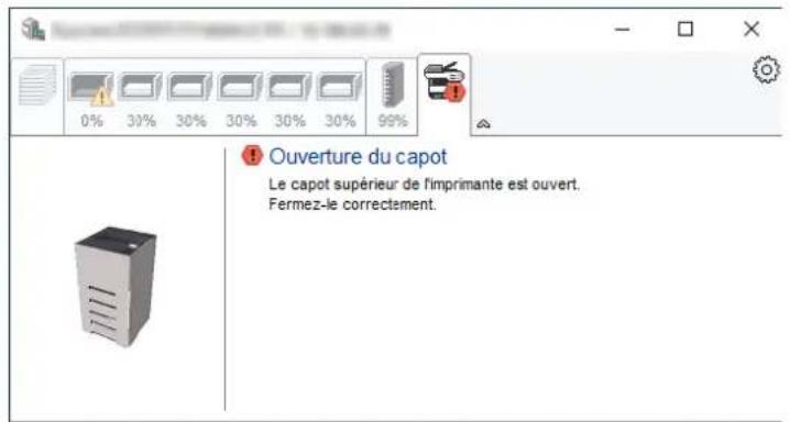 0% 30% 30% 30% 30% 30% 99% Ouverture du capot Le capot supérieur de l'imprimante est ouvert. Fermez-le correctement.