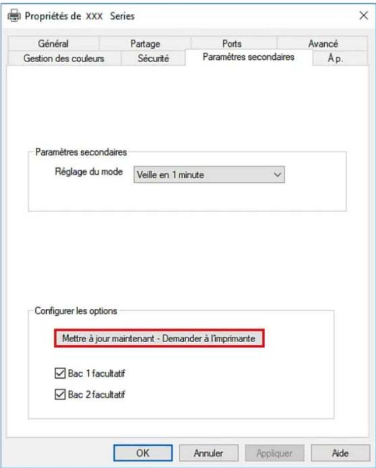 Propriétés de XXX Series Général Partage Ports Avancé Gestion des couleurs Sécurité Paramètres secondaires Àp. Paramètres secondaires Réglage du mode Veille en 1 minute Configurer les options Mettre à jour maintenant - Demander à l'imprimante ✓ Bac 1 facultatif ✓ Bac 2 facultatif OK Annuler Appliquer Aide