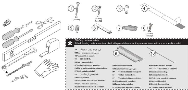 PH 2 24 mm Ø 3 mm Tor x T20 1 6x (38 mm) 2 4x (25 mm) Tor x T20 3 2x 5 2x 6 7 8 (15 mm) Tor x T20 EN Only certain models. If the following parts are not supplied with your dishwasher, they are not intended for your specific model. AR BYI MOUDILAT MEOHNAE BG:Caseo organizemni woznem. CS:Pouze naktaré modely. CN DA:Kun visse modeler. DENur bei bestimmten Modelen. ES:Sóló se splica a determinados modelos. ETA:kult tetud muditelil. FA FI:Vain fietyl maitl. FR:Uniquement pour certains modelos. HR:Simu na neikim modelina. HU:Cook biomys modeltek eetelen. IT:Solo per alcuni modell. KKT:su Guorici Gip woznienjep. MK: Caseo rej oçrşzeme woznem. LT: Tk tam tiki modeliai. LV: Viengli notelkittem modeljem. NL:Alsen bepaide modellen. NO:Bare enkalle modeler. PL:Delyezzy tylka wyrarnych modeli. RON:Jamal is anumite modele. RU: Tomao a wesotropux woznemix. SKiba niisköre modely. SL:Samo nekateri modeli. SGV:Eštem disa modele të caktuura. SRS:Samo neki modeli. SVENDAST vissa modelier. UKT:Imau e pannas woznemix.