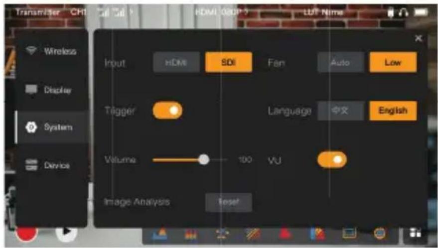 Transmitter CH1 Call Add HDMI GROUP LUT Name Wireless Display System Device Input HDMI SDI Fan Auto Low Trigger Language 中文 English Volume 100 VU Image Analysis Reset