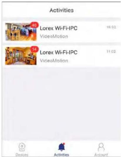 Lorex LNW16XF - Menu « Activities » - 1