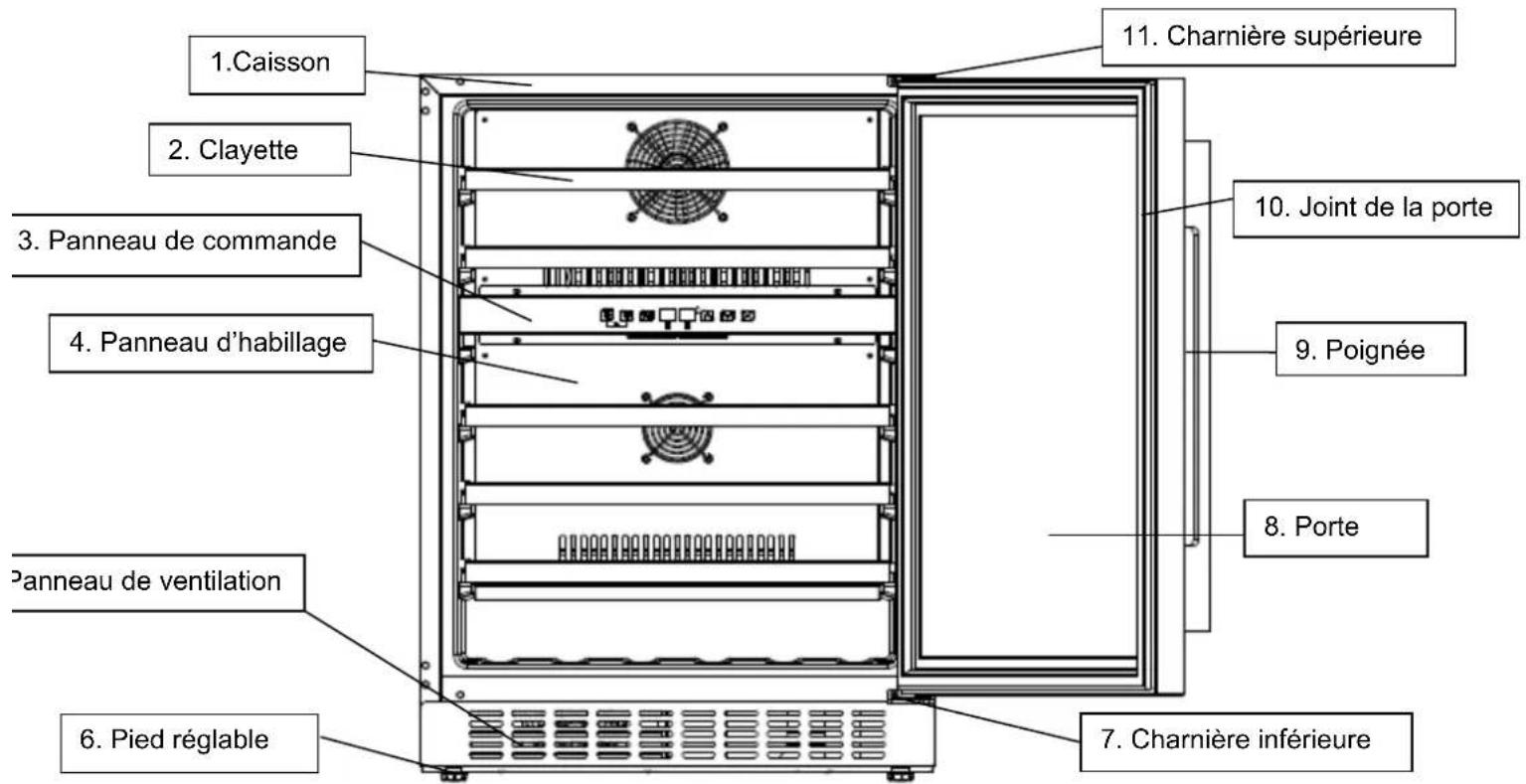 1. Caisson 2. Clayette 3. Panneau de commande 4. Panneau d'habillage 5. Panneau de ventilation 6. Pied réglable 7. Charnière inférieure 8. Porte 9. Poignée 10. Joint de la porte 11. Charnière supérieure