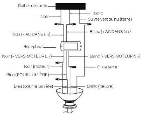 Bolîtier de sortie Noir Blanc Cuivre vert ou nu (terre) Noir (« AC DANS L ») Blanc (« AC DANS N ») Récepteur Noir (« VERS MOTEUR L ») Noir (moteur) Blanc (« VERS MOTEUR N ») Fill de terre Bleu (POUR LUMIÈRE) Blanc (neutre) Bleu (pour la lumière)