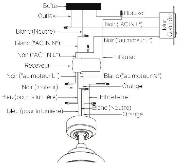 Boîte Outlex Blanc (Neutre) Blanc ("AC IN N") Noir ("AC" IN L") Receiveur Noir ("au moteur L") Noir (moteur) Bleu (pour la lumière) Bleu (pour la lumière) Fil au sol Noir ("AC IN L") Noir ("au moteur L") Fil au sol Blanc ("au moteur N") Orange Fil de terre Blanc (Neutre) Orange Mur Contrôle