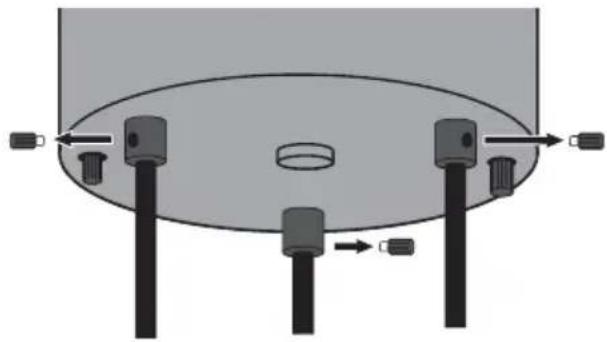 Diagram of a mechanical assembly with three vertical rods and a central circular component, no text or symbols present.