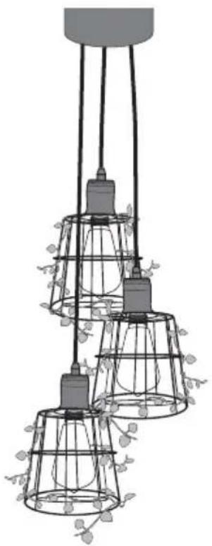 Line drawing of a multi-tiered ceiling lamp with hanging glass and propeller (no text or symbols)