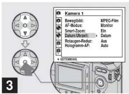 SONY MVC-CD500 - → Wählen Sie 📄 (Kamera 1) mit ▲ der Steuertaste, und drücken Sie dann ▶. Wählen Sie [Datum/Uhrzeit] mit ▲/▼, und drücken Sie dann ▶. - 1