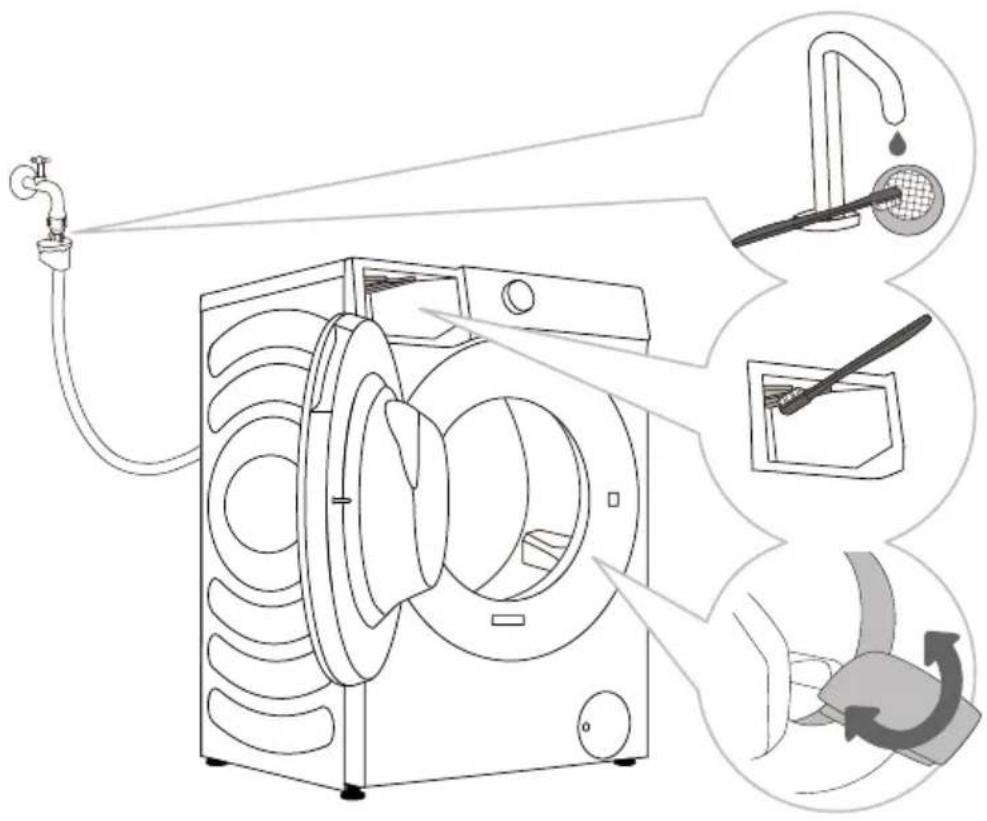HISENSE WF5S1243BB1 - NETTOYAGE DU TUYAU D'ALIMENTATION EN EAU, DU LOGEMENT DU DISTRIBUTEUR DE LESSIVE ET DU JOINT DE PORTE EN CAOUTCHOUCC - 1