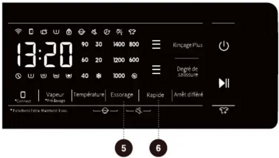 13:20 90 30 1400 800 60 20 1200 600 40 1000 Rinçage Plus Degré de salissure Connect | Vapeur | Température | Essorage | Rapide | Arrêt différé *Pré-Javage *Fonctions Extra. Maintainir 3 sec. 5 6