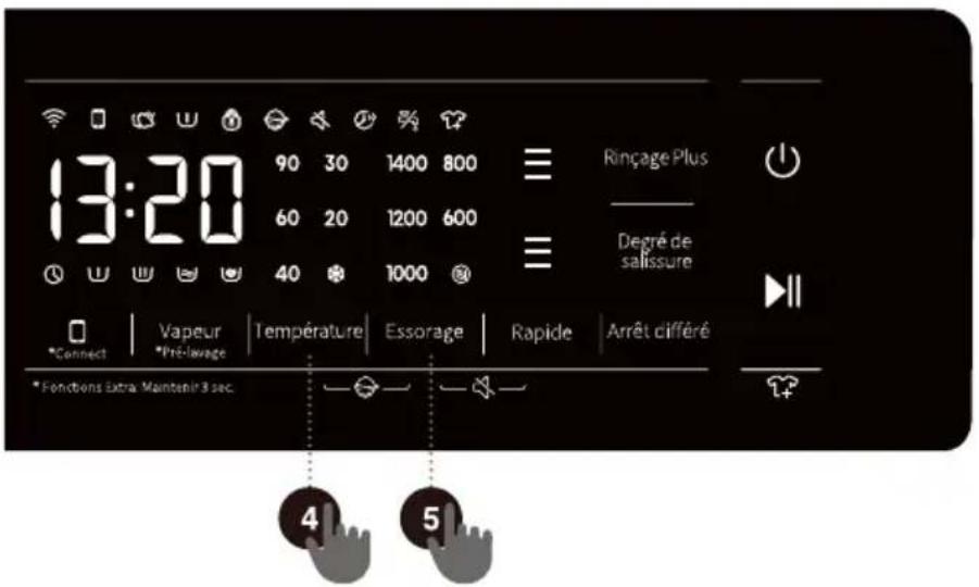 13:20 90 30 1400 800 60 20 1200 600 40 1000 Rinçage Plus Dégré de salissure Connect | Vapeur | Température | Essorage | Rapide | Arrêt différé *Pré-lavage *Fonctions Extra Maintenir 3 sec 4 5