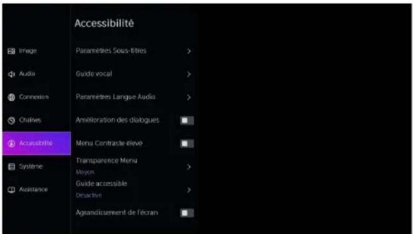 Accessibility Paramètres Sous-titres > Guide vocal > Paramètres Langue Audio > Amélioration des dialogues Menu Contraste élevé Transparence Menu Moyon > Guide accessible Désactive > Agrandissement de l'écran