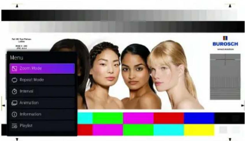 No. 30 Top Palen Video RGB 0 - 20 20:44 Menu Zoom Mode Repeat Mode Interval Animation Information Playlist BUROSCH www.burosch.eu