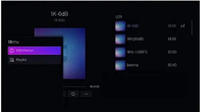 1K-0dB 1K 0db Menu Information Playlist 1/29 IK-0dB 01:00 uH IKHz(0dB) 01:00 Ikhz-12dBFS 02:00 beema 05:43