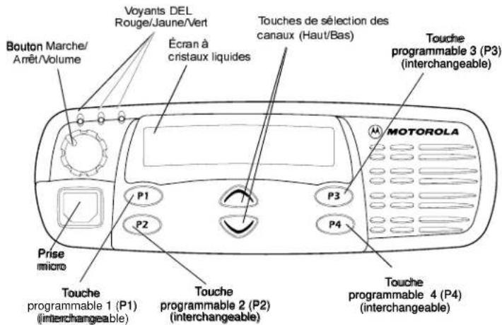 Bouton Marche/Amêt/Volume Voyants DEL Rouge/Jaune/Vert Écran à cristaux liquides Touches de sélection des canaux (Haut/Bas) Touche programmable 3 (P3) (interchangeable) MOTOROLA Prise micro P1 P2 P3 P4 Touche programmable 1 (P1) (interchangeable) Touche programmable 2 (P2) (interchangeable) Touche programmable 4 (P4) (interchangeable)