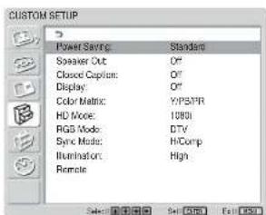 SONY FWD-42LX1 - Press ↑/↓ to move the cursor (yellow) to "CUSTOM SETUP" and press ENTER. The CUSTOM SETUP menu appears on the screen. - 1