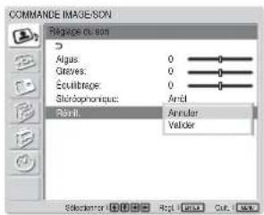 COMMANDE IMAGE-SON Reçage du son Algus: 0 Graves: 0 Écuilträge: 0 Stirichophonique: Antil Renil: Annuler Valider Selectionor: Appl. Export Cut. Back
