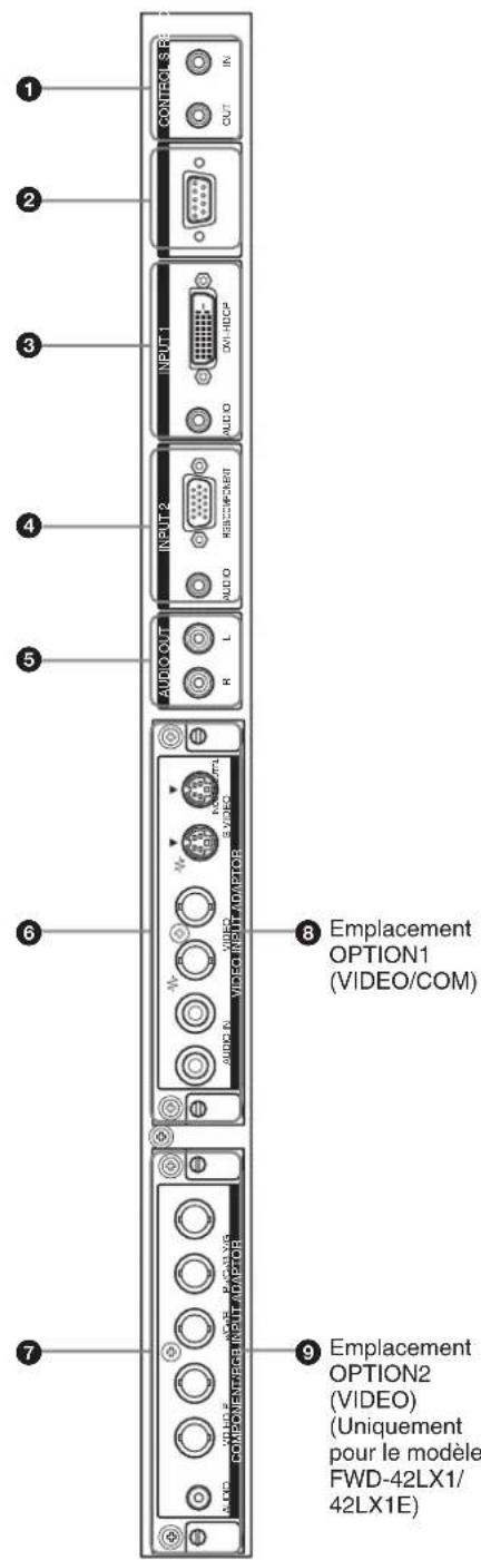 1 CONTROL STR IN 2 3 INPUT1 ON/HDSP AUDIO 4 INPUT 2 RECEIVED AUDIO 5 AUDIO OUT R L 6 VIDEO/VIDEO VIDEO/VIDEO 8 Emplacement OPTION1 (VIDEO/COM) 7 ACUO COMPONENTURE INPUT ADAPTER 9 Emplacement OPTION2 (VIDEO) (Uniquement pour le modèle FWD-42LX1/ 42LX1E)