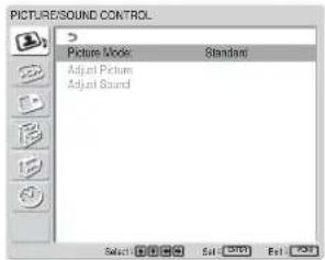 SONY FWD-42LX1 - Press ↑/↓ to move the cursor (yellow) to "PICTURE/SOUND CONTROL" and press ENTER. - 1