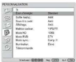 PERSONALISATION Essou d'énergie: Standard Softie haut-p: Anti Sauv-lira code: Anti Attichage: Anti Matteur couleur: Y/PSPR Mode HD: 1000 Mode RVB: DTV Mode sync: Comp. H Illumination: Elove Télécommande Standard: [F] [G] [H] [I] [J] [K] [L] [M] [N]