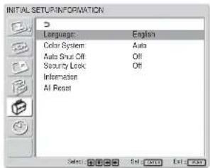 SONY FWD-32LX1R - 按 ↑/↓ 键将光标（黄色）移到 “INITIAL SETUP/INFORMATION” 处并按 ENTER 键。 - 1