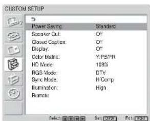 SONY FWD-32LX1R - Press ↑/↓ to move the cursor (yellow) to "CUSTOM SETUP" and press ENTER. The CUSTOM SETUP menu appears on the screen. - 1