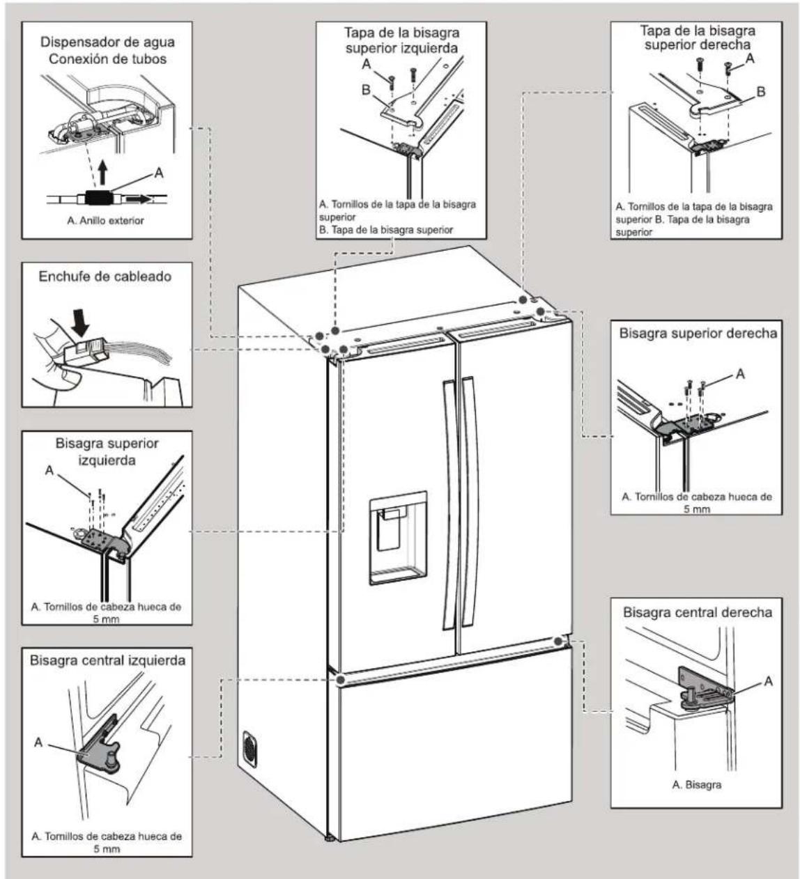 WHIRLPOOL WRFF3736SW - INSTRUCCIONES PARA LA PUERTA Y EL TIRADOR Desmontar y volver a colocar la puerta del frigorífico - 2