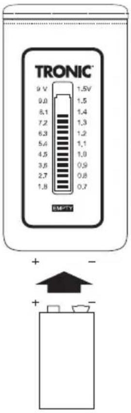 TRONIC 9 V 1.5V 9.0 1.5 8.1 1.4 7.2 1.3 6.3 1.2 5.4 1.1 4.5 1.0 3.5 0.9 2.7 0.8 1.8 0.7 EMPTY + - + + -