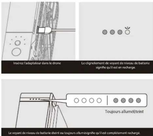 Insérez l'adaptateur dans le drone Le clignotement de voyant de niveau de batterie signifie qu'il est en recharge. Toujours alluméEteint Le voyant de niveau de batterie éteint ou toujours allumésignifie qu'il est complètement rechargé.