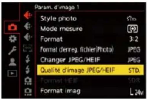 Param. d'image 1 Style photo Mode mesure Format 3:2 Format d'enreg. fichier(Photo) JPEG Changer JPEG/HEIF JPEG Qualité d'image JPEG/HEIF STD. Format HEIF SDR Format imag L 24m
