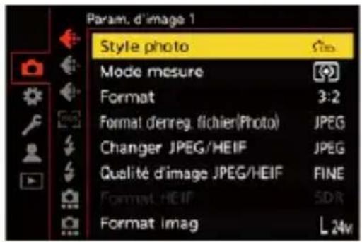 Param. d'image 1 Style photo Mode mesure Format 3:2 Format denreg. fichier(Photo) JPEG Changer JPEG/HEIF JPEG Qualité d'image JPEG/HEIF FINE Format HEIF SDR Format Imag L 24m