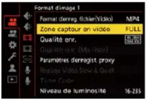 Format d'image 1 Format denreg. fichier(Video) MP4 Zone captour en vidéo FULL Qualité enr. Qualité sur. (Ma liste) Paramètres denregist. proxy Réglage Video Slow & Quick Time Code Niveau de luminosité 16-235
