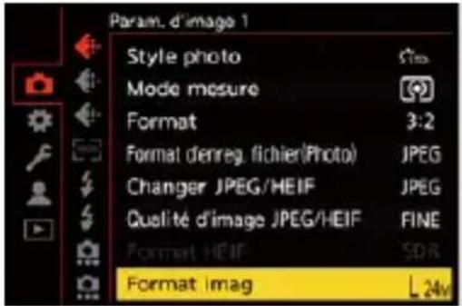 Param. d'image 1 Style photo Mode mesure Format 3:2 Format denreg. fichier(Photo) Changer JPEG/HEIF Qualité d'image JPEG/HEIF FINE Format HEIF SDR Format imag L 24v