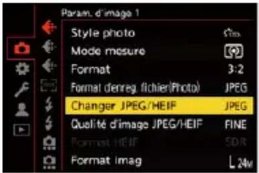 Param. d'image 1 Style photo Mode mesure Format 3:2 Format denreg. fichier(Photo) JPEG Changer JPEG/HEIF JPEG Qualité d'image JPEG/HEIF FINE Format HEIF SDR Format imag L 24v